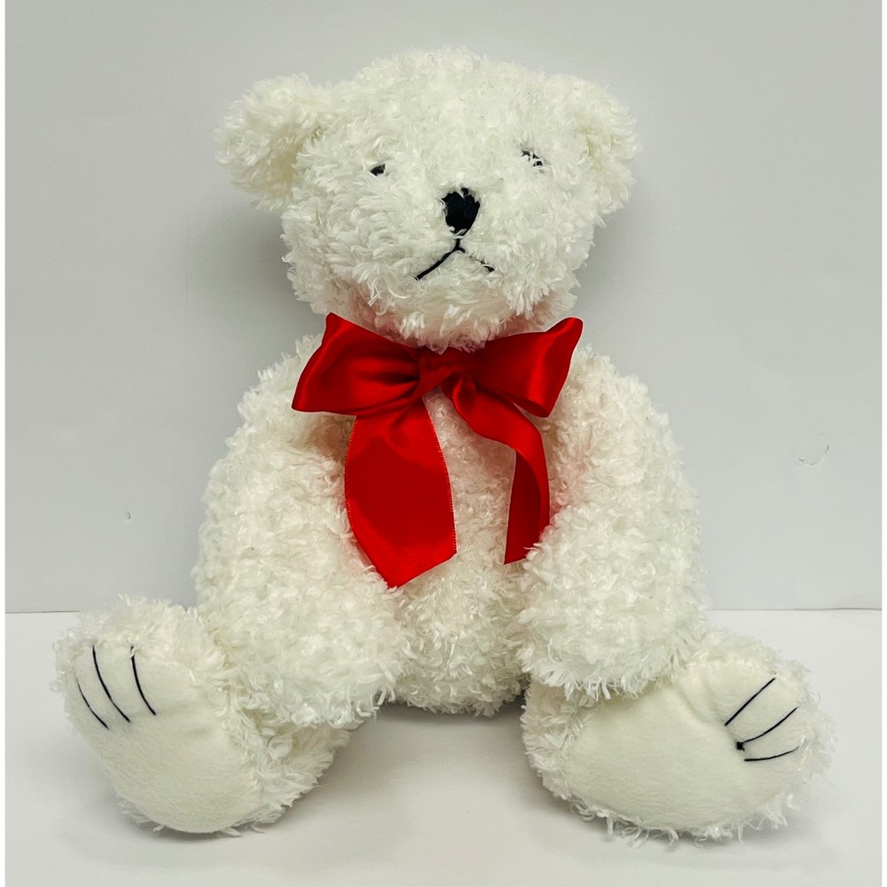 First & Main White Tucker Teddy Bear Red Satin Bow 10" Plush Stuffed Animal 1735